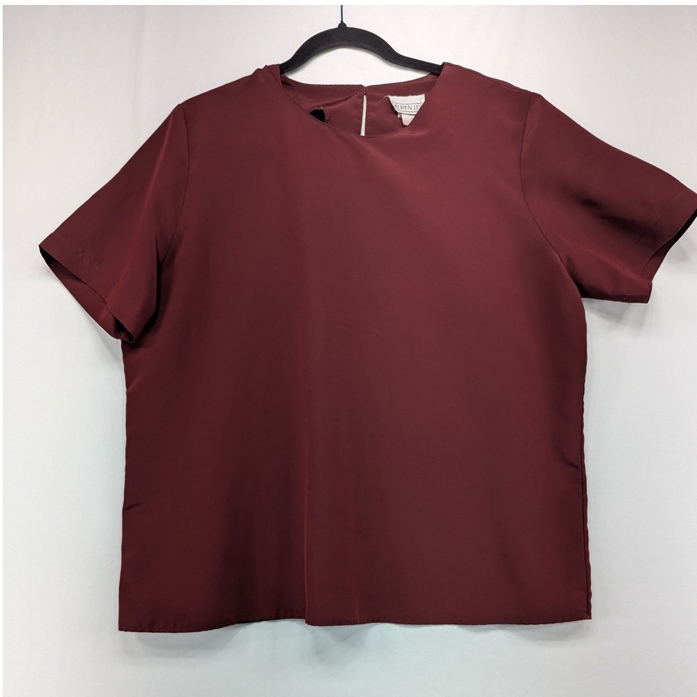 Lauren Lee Burgundy Short Sleeve Blouse Crew Neck Back Keyhole Top Size XL